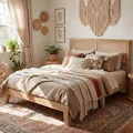 GAOMON oak queen wood bed frame with rattan headboard and LED light strip