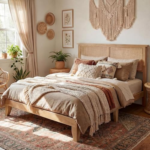 GAOMON oak queen wood bed frame with rattan headboard and LED light strip