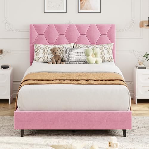 GAOMON pink twin platform bed frame with upholstered headboard