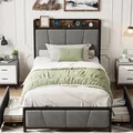 GAOMON grey twin bed frame with storage drawers and headboard charging station