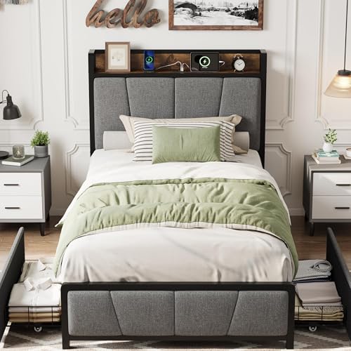 GAOMON grey twin bed frame with storage drawers and headboard charging station