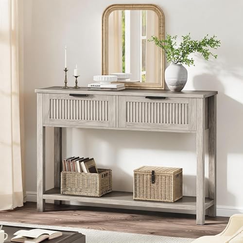 GAOMON grey 43 inch fluted console table with 2 drawers and a lower shelf