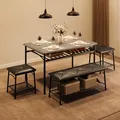 GAOMON grey dining table set for 4 with bench, stools and under-table storage