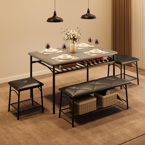 GAOMON grey dining table set for 4 with bench, stools and under-table storage