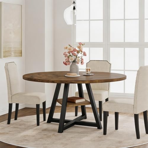 GAOMON brown 47 inch round dining table with metal legs and open storage shelf