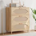GAOMON oak 3 drawer dresser with hand-woven rattan drawer fronts