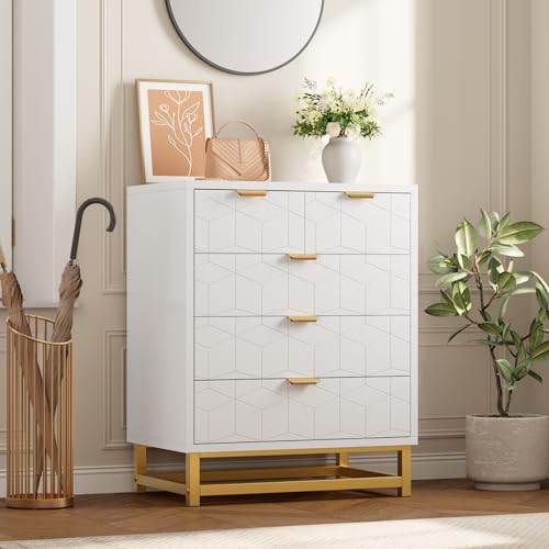 GAOMON white 5 drawer tall dresser with gold handles and legs