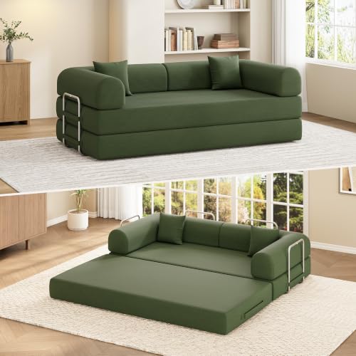 GAOMON green convertible corduroy sofa bed shown folded out to bed mode