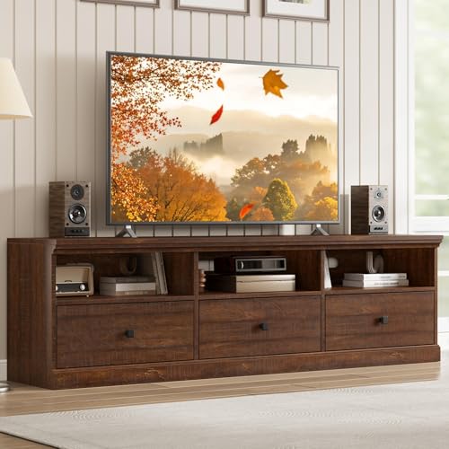 GAOMON brown 70 inch modern TV stand with open shelves and storage drawers